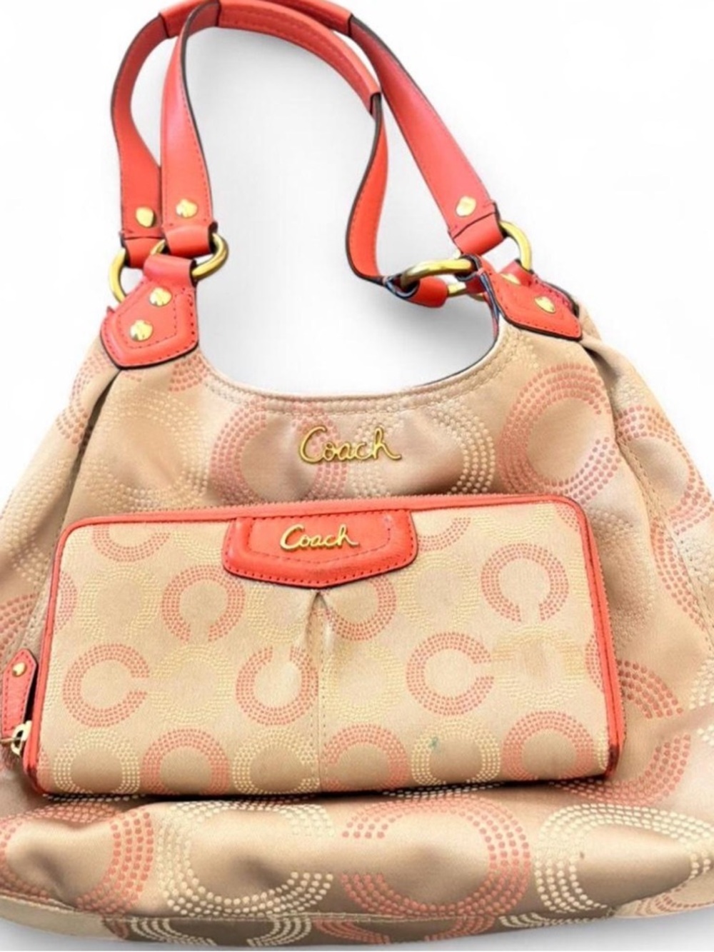 Coach Tan Signature Hobo Bag with Coral Trim